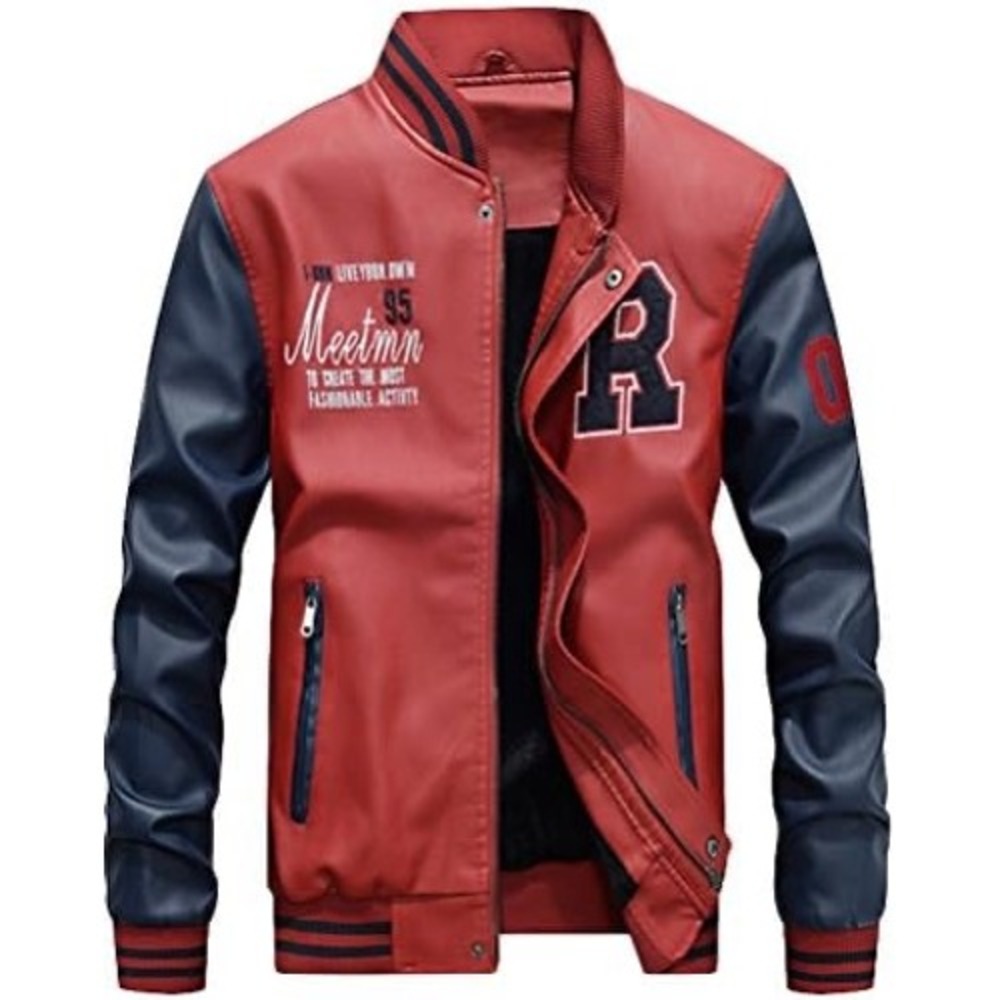Meetmn Mens Faux Leather Varsity Jacket Red Navy Blue Letterman Fleece Lined XL
